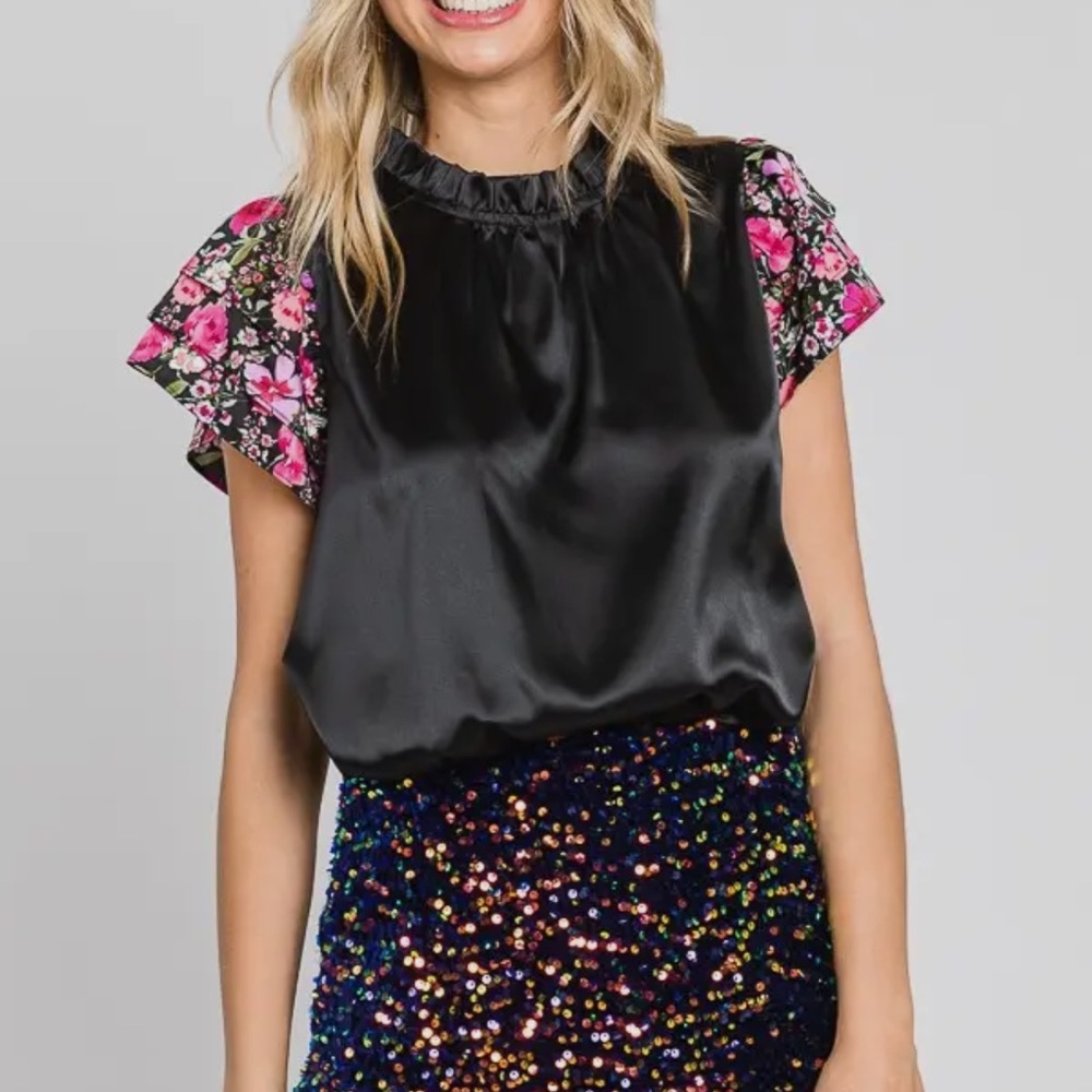 Floral Sleeve Black Satin Top